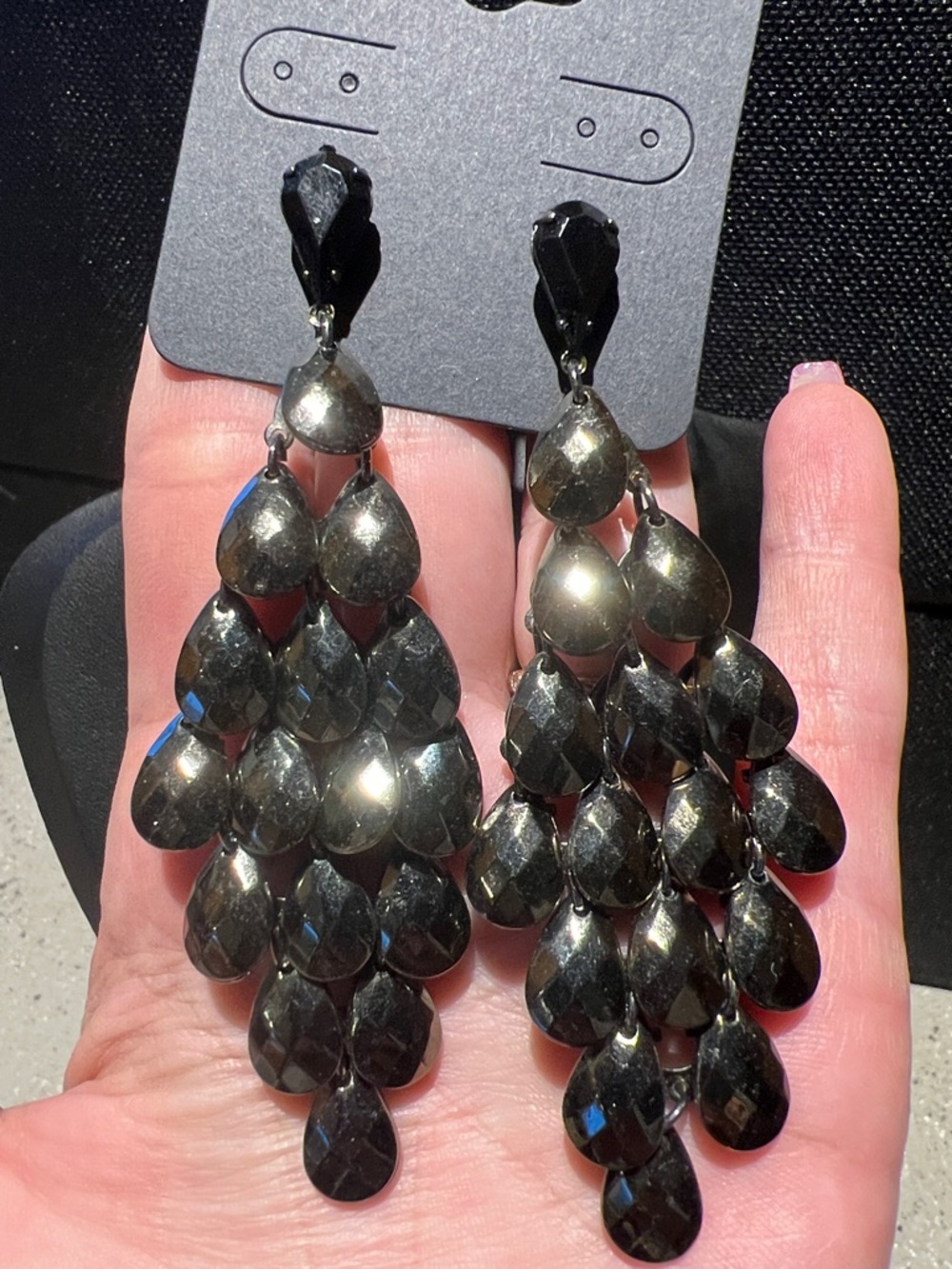 Black Faceted Teardrop Chandelier Earrings - Women Jewelry